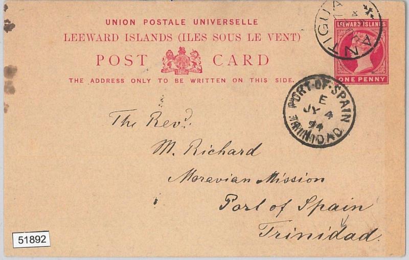 51892 -   Leeward Islands -  POSTAL HISTORY -  STATIONERY CARD to TRINIDAD 1891