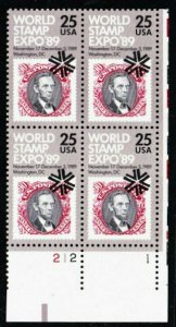 1989 World Stamp Expo 89 Plate Block of 4 25c Postage Stamps, Sc# 2410, MNH, OG