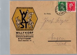 1927 Stuttgart Germany Willy Korf Toy Factory Advertising cover to Engen