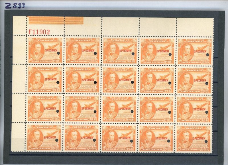 VENEZUELA Air Mail Stamp 5c SUCRE (1945) ABNCo F11902 SPECIMEN Block {20} ZS20