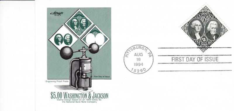 U.S. 1994 High value $5. Washington Jackson Stamp on Clean Unaddressed FDC  VF