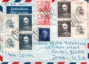 CZECHOSLOVAKIA AIRMAIL COVER FROM PRAGUE TO U.S.A. 7 STAMPS + TABS FRANKED 1948