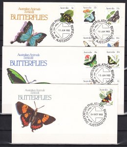 Australia, Scott cat. 872-880. Butterflies issue on 3 First day covers.