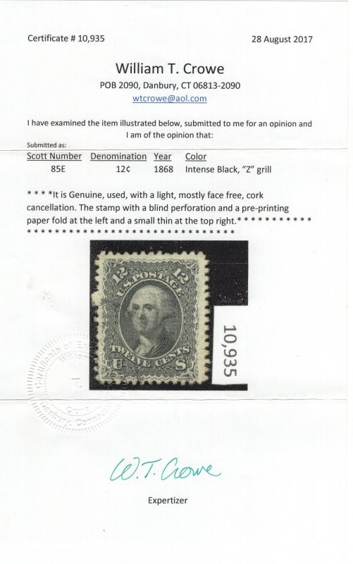 CERTIFIED US Stamp #85e 12c Black Washington Z Grill USED SCV $2250. Crowe Cert