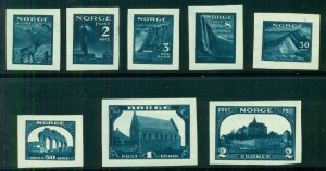 NORWAY 1914 ESSAYS, First Printing Imperforates in BLUE, group of 8 values