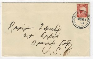 New Zealand 1937 Auckland Railway cancel on cove to the U.S.