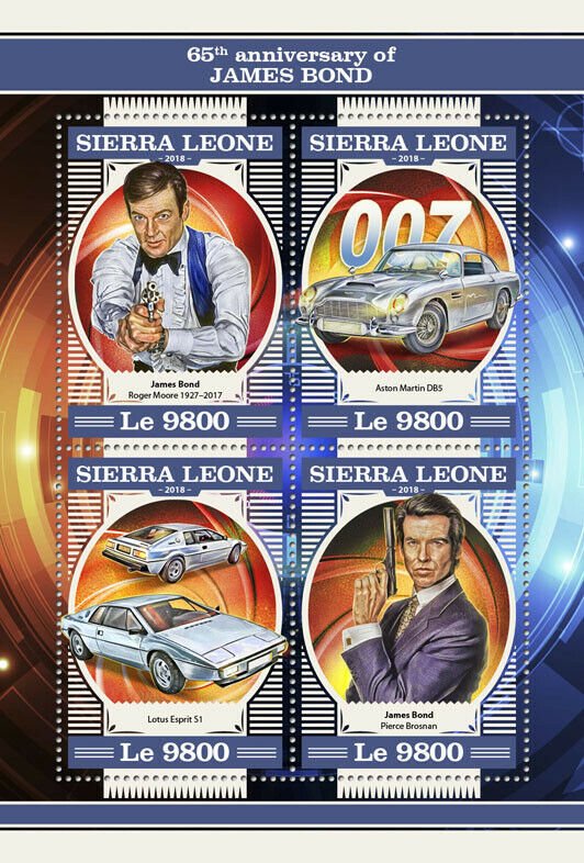 Sierra Leone James Bond Stamps 2018 MNH Cars Roger Moore Pierce Brosnan 4v M/S