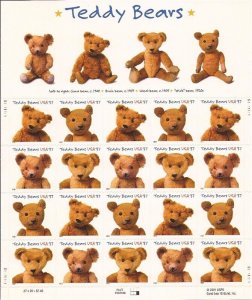 US Stamp 2002 37c Teddy Bears - Sheet of 20 Stamps - Scott #3653-6