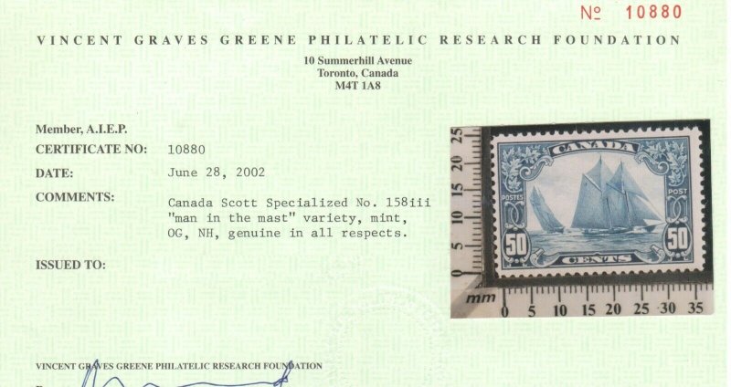 Canada #158iii Mint Fine - Very Fine Never Hinged Man On The Mast **With Cert.**