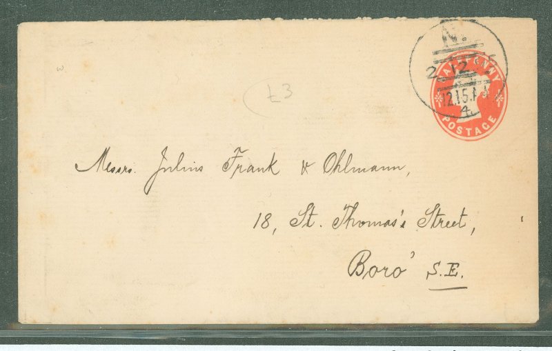 England  Queen Victoria Image, Paying Printed Rate, Year date 2.12.95, to Boro, S. E., Cleanly opened at Top.  Complete Postmark