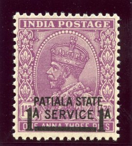 India - Patiala 1939 KGVI Official 1a on 1a3p mauve superb MNH. SG O69. Sc O58.