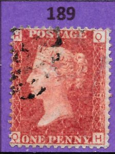 GB QV 1868 SG43 / 44, 1d Penny Red, Very Good Used, Plate 189 (QH)