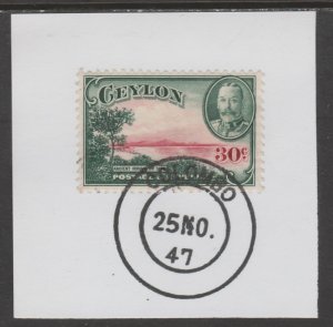 CEYLON 1935 KG5 PICTORIAL 30c IRRIGATION on piece with MADAME JOSEPH  PO...