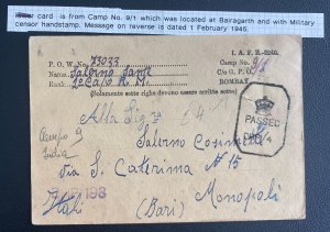 1945 Bairagarth India POW Camp 9/1 Censored Postcard Cover To Bari Italy