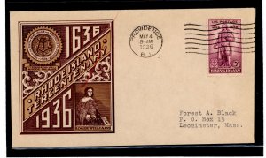 US 777 1936 3c Rhode Island Tercentenary (Roger Williams) on an addressed(typed) FDC with a Hobby Service cachet