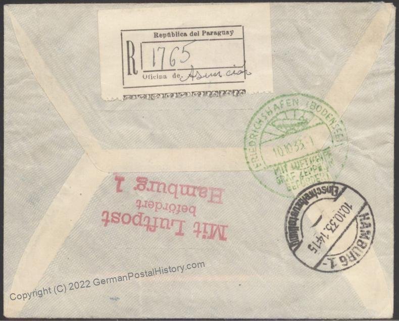 Paraguay 1933 Graf Zeppelin 8.SAF South America Flight Germany Cover Reve 106933