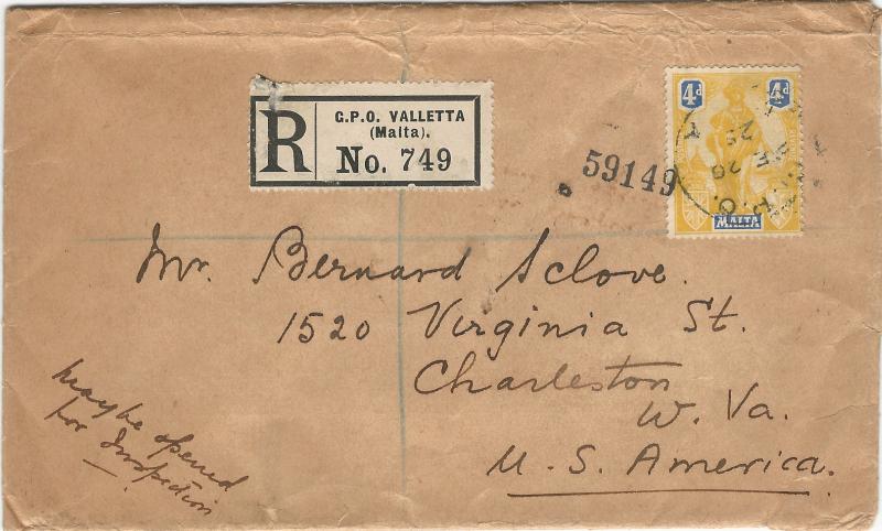 Malta, 1925 Registered Cover, Franked with 5 Stamps, Sent to Charleston, W. VA