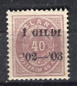 ICELAND; 1902-03 early ' 1 GILDI ' Optd. issue Mint hinged 40a. value