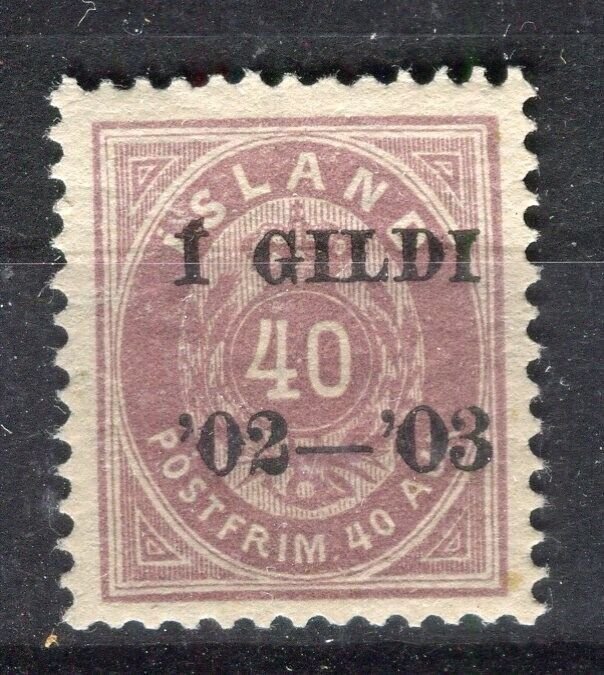 ICELAND; 1902-03 early ' 1 GILDI ' Optd. issue Mint hinged 40a. value