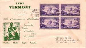 FDC 1941 SC #903 Embossed Paper Craft Cachet - Montpelier VT - Bk Of 4 - F70946