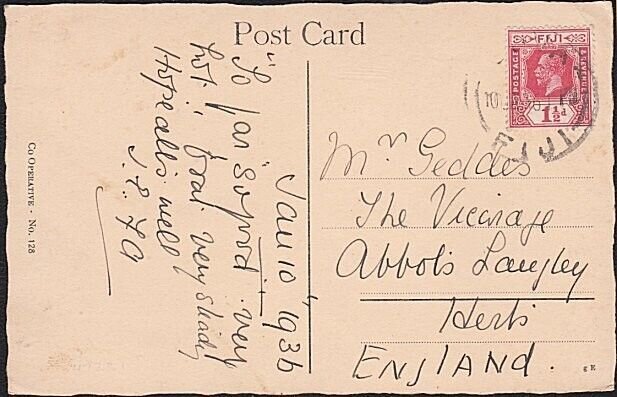 FIJI 1936 GV 1½d on postcard Suva to UK....................................B8659