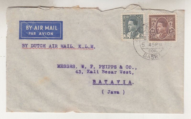 IRAQ, 1937 KLM Airmail cover, Basrah to Neth. East Indies, 5f. & 50f..