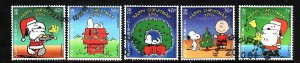 Gibraltar-Sc#890-4-used set-Christmas-Snoopy-Peanuts-2001-small hinge remnant on