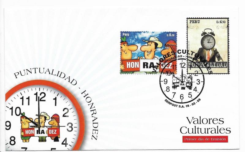 PERU 2009 FDC CULTURAL VALUES HONOR PUNCTUALITY CLOCK SCOTT 1674-75