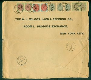 DWI, 1894, Triple Rate cover to NY w/1¢-5¢ bicolors tied ST THOMAS, open 3 sides