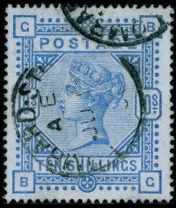 GB QV SG177, SCARCE 10s ultramarine BLUED PAPER, FU CDS. Cat £8250 PEGB CERT. BG 