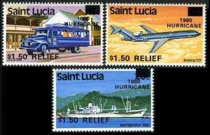 St Lucia 531-533, MNH. Michel 535-537. 1980 Hurricane. Plane, Ship, Bus. 