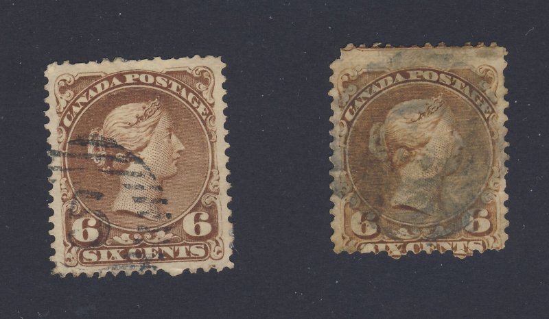 2x Canada Large Queen Used Stamps #27-6c VG/F & #27a-2c VF Guide Value = $205.00