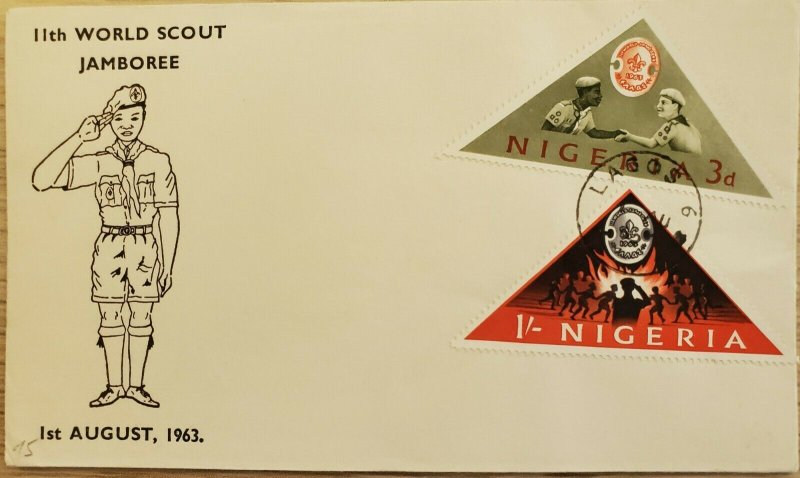 O) 1963 NIGERIA, GREEK SCOUTS SHAKING HANDS AND JAMBOREE, TRIANGLE, FDC F