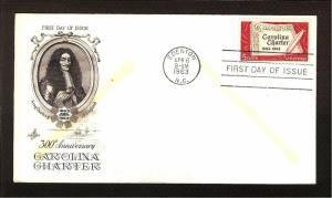 FIRST DAY COVER #1230 Carolina Charter 300th Anniv 5c ARTCRAFT FDC U/A 1963