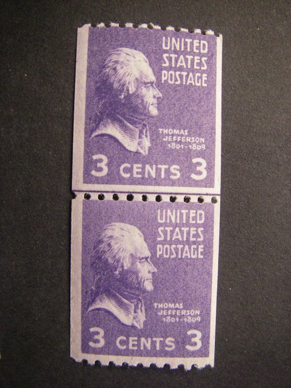 PREXIE Line Pair, Scott 851, 3c Jefferson, MNH Coil Beauty