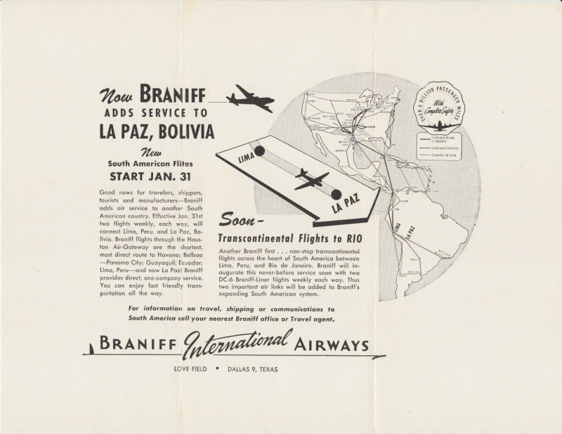 Bolivia Sc 318,328,C120 on 1949 Braniff First Flight Cover with original content 