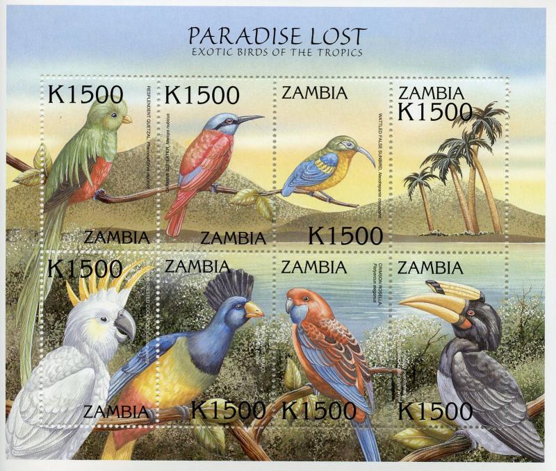 Zambia 2000 MNH Exotic Birds Paradise Lost 8v M/S III Quetzal Sunbirds Stamps