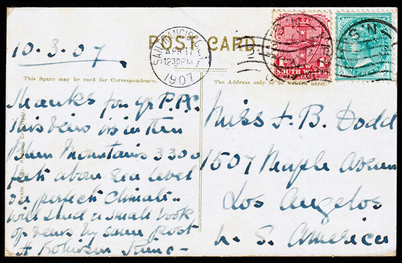 New South Wales Scott 121-123 Post Card from NSW to Los Angeles, CA (1908) F M 