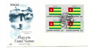 United Nations #490 Flag Series 1986, Togo, ArtCraft, block of 4 FDC