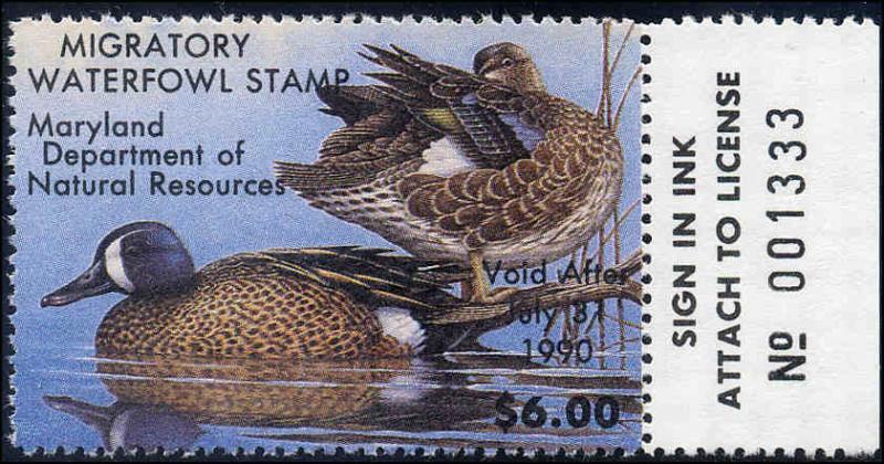 MARYLAND #16 1989 STATE DUCK STAMP BLUE WINGED TEAL by Roger Lent