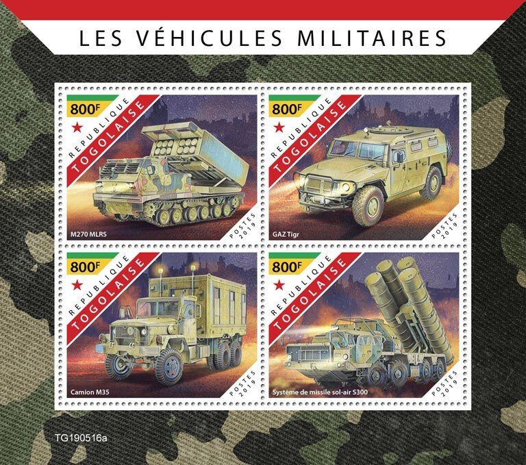 TOGO - 2019 - Military Vehicles - Perf 4v Sheet - Mint Never Hinged