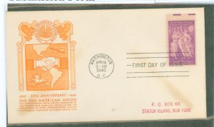 US 895 1940 FDC - 3c Pan American Union/50th  Anniversary (single) on an addressed FDC (with foxing) and an oranged Ross cachet.
