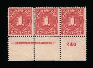 GENUINE SCOTT J38 MINT OG NH 1895 DEEP CLARET FULL BEP IMPRINT PLATE 246 STRIP-3