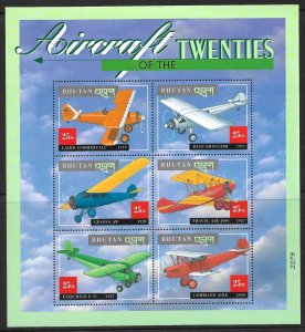 2000 Bhutan Sc1303 Aircrafts of the Twenties MNH S/S of 6