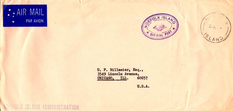 Norfolk Islands Official Free Mail c1968 Norfolk, Island Airmail to Chicago, ...