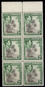 JAMAICA GVI SG124, 2d grey & green, NH MINT. block of 6