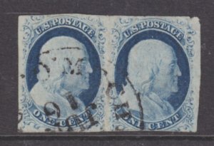 US Sc 9 used 1852 1c Franklin type IV Horizontal Pair, Pos. 62-63R1L 