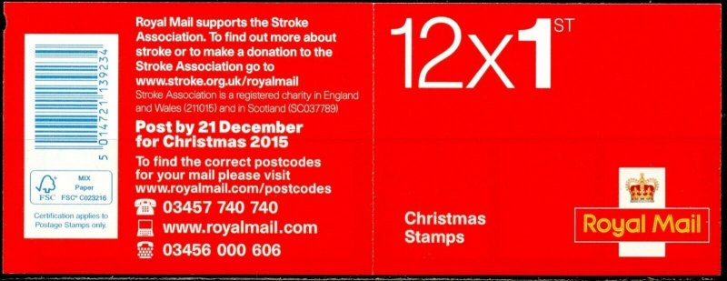 GB Sc#3455a 2015 Christmas 1st Class Booklet of 12 (LX50) Unmounted Mint 5014721139234