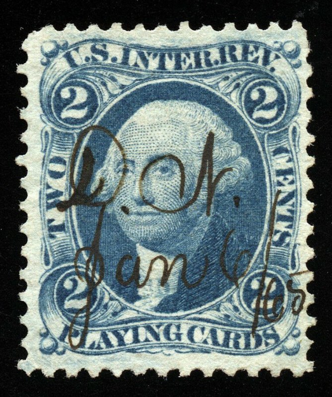 B321 U.S. Revenue Scott R11c 2c Playing Cards blue, 1865 manuscrip cancel