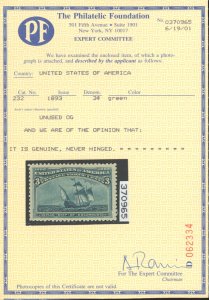 U.S. #232 MINT WITH PF CERT OG NH
